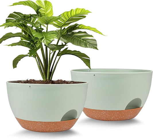 Plant Pots 12inch Self Watering Pots, Set of 2 Plastic Planters with Drainage Holes and Saucers, Flower Pots for Indoor Outdoor Plants (Green)