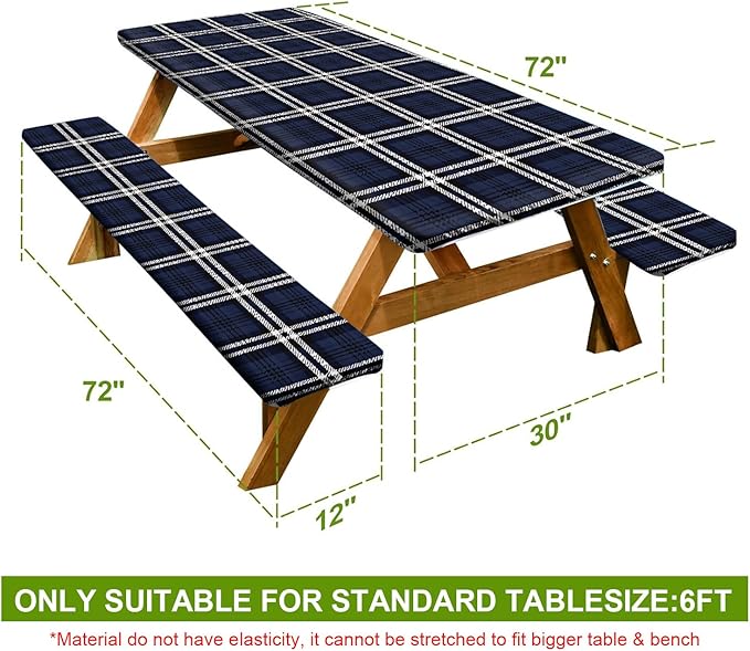 Picnic Table Cover with Bench Covers Set of 3 - Classic Checkered Navy Blue Plaid Tablecloth, Elastic Fitted for 6 Ft Tables, Washable Polyester Cover for Camping, Indoor & Outdoor