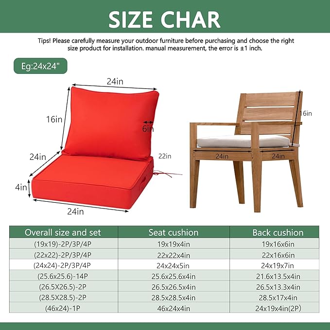Outdoor Chair Cushions 3 Set,24 x 24 x 5IN, Patio Deep Seat Cushion for Patio Furniture, Waterproof & Fade Resistant Thick Deep Seating Pads for Outside Wicker Ratten Chair Sofa Couch,red