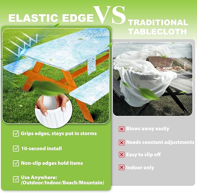 Fitted Picnic Table Cover with Bench Covers, Windproof Vinyl Table Cloths Outside Camping Cooking Backyard Furniture Seat Cushion Tablecloth Activities Party Decor Decorations Para Acampar Equipment