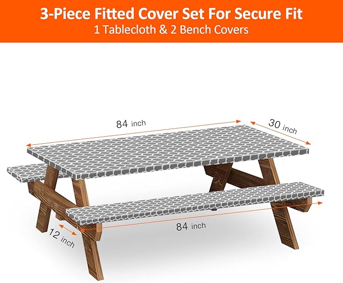 KENOBEE 7ft Picnic Table and Bench Cover, Camping Essentials RV Gear, 84 in Waterproof Windproof Outdoor Elastic All Around Tablecloth, Fitted Rectangle Tables and Seats, Gray-White Moroccan