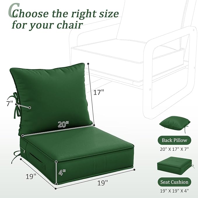 Outdoor Patio Chair Cushions Set 19 L X 19 W X 4 H Inch Waterproof & Fade Resistant Deep Seat and Back Cushions with Removable Covers Outdoor Seat Cushion Set for Chairs and Sofas