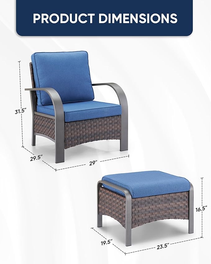 HUMMUH Outdoor Wicker Chairs Set of 2-All Weather Rattan Wicker Patio Chairs with Ottoman Small Outdoor Furniture Set for Deck Porch Garden Poolside Backyard-Brown/Blue