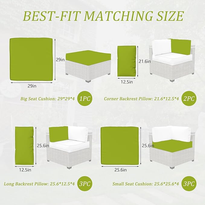 Outdoor Cushions - 4" Deep Seat Sectional Cushions for 4-seat Patio Furniture, Waterproof, Grass Green