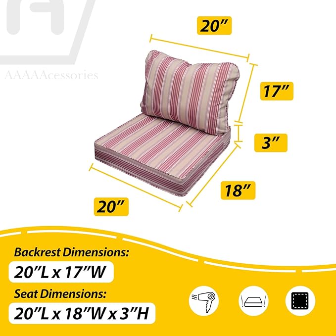 AAAAAcessories Outdoor Seat Cushions for Chairs, Fade-Resistant, Waterproof Patio Furniture Replacement Cushions, 20" x 18" x 3" + 20" x 17", Dusty Rose Garden Stripe