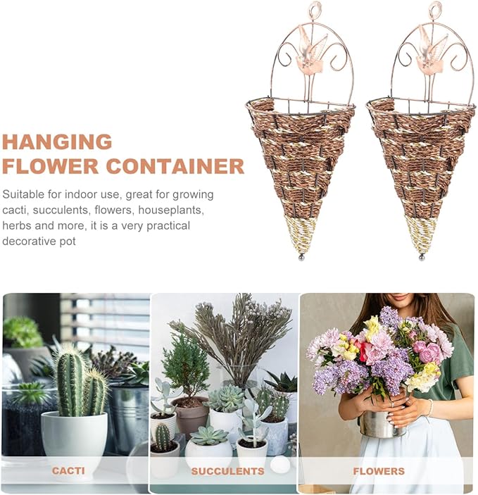 YARNOW Wall Hanging Flower Pot Rattan Planter Basket 12.40X5.51X2.75In Triangular Cone Shape Indoor Outdoor Garden Space-Saving Wall Mounted Planter