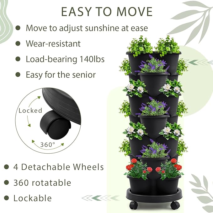 Umigy 2 Set of 7 Tier Stackable Vertical Planters with Removable Wheels and Tools Tower Planters Strawberry Herb Flower Vegetable Pots Indoor Outdoor Gardening Pots(Black)