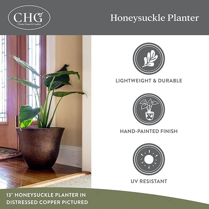 Classic Home and Garden Honeysuckle Resin Planters - Lightweight Indoor & Outdoor Plant Pots - UV-Resistant Plastic Flower Pots - Pot Planters for Flowers & Herbs (15" Zinc Grey)
