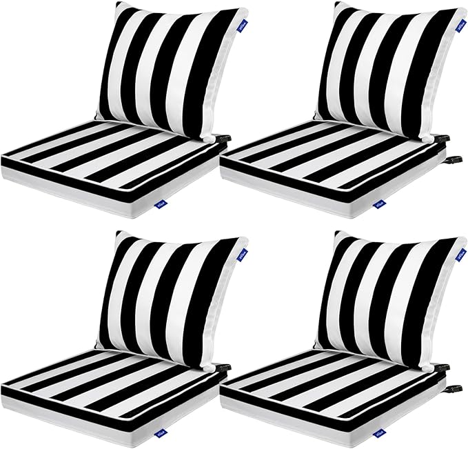 Deep Seat Cushions, Outdoor Cushions, Patio Furniture Cushions, Deep Seat & Back Cushion Patio Cushions for Backyard Couch Sofa Fade Resistant (24x24x4 inches 4 Sets, Black Stripes)