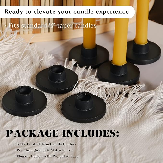 Black Iron Mini Taper Candle Holders for 1/2 Inch Candles – Small, Skinny, Thin Tapered Candle Holders for Chime, Spell, Church Candles – Set of 6
