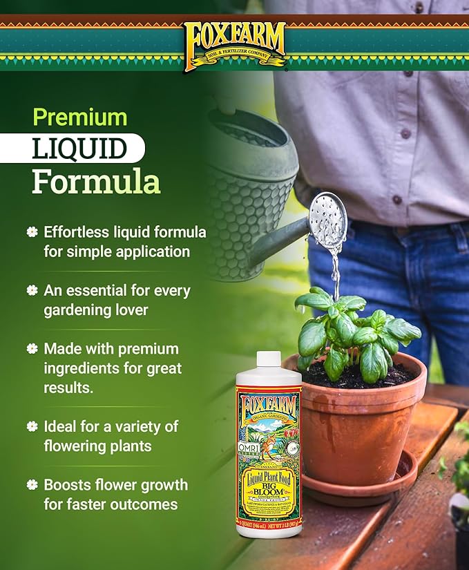FoxFarm - Big Bloom Plant Food, Liquid Fertilizer Concentrate for Flowers, Fruits, and Vegetables, All Purpose Plant Fertilizer for Indoor & Outdoor Potted Plants, NPK 0-0.5-0.7 (Quart)