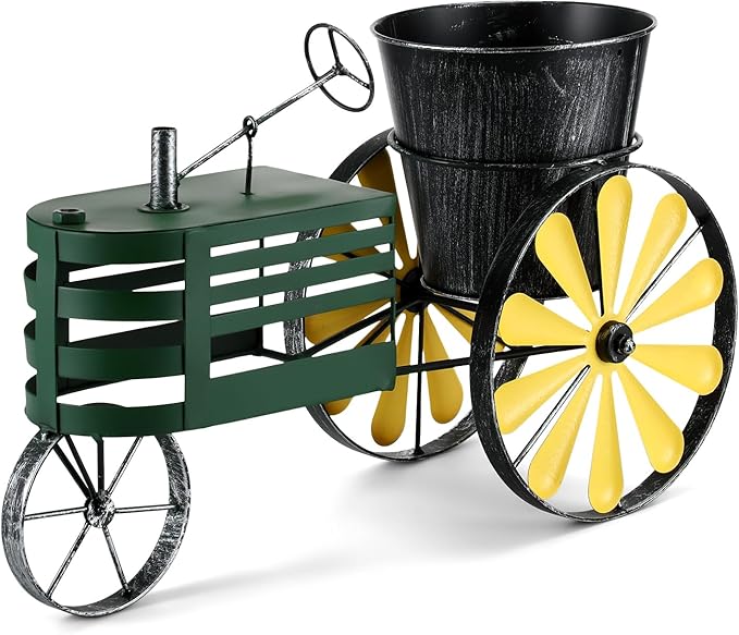 17" x 11" Metal Tractor Windmill Planter Decorative Tractor Flower Planter Outdoor Planters for Garden Backyard Lawn Deck Patio Ornament Decor Gift