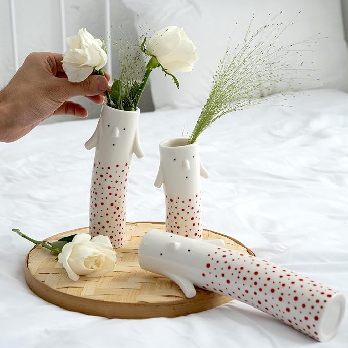Family Face Vases Set of 3 - Cute Handmade Ceramic Bud Vases for Pretty Flowers - Unique Modern Decor - Aesthetic Small Flower Holders for Home Elegance
