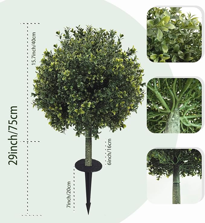 2-Pack 29" UV-Resistant Boxwood Topiary Ball Trees | Artificial Outdoor Plants with Ground Spikes for Porch, Patio, Planters & Indoor Decor