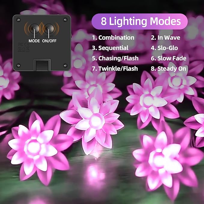 ITICdecor Solar Flower String Lights Outdoor Waterproof 50 LED Upgraded Flower Fairy Light for Garden Fence Patio Yard Christmas Tree Lawn Party (Pink)