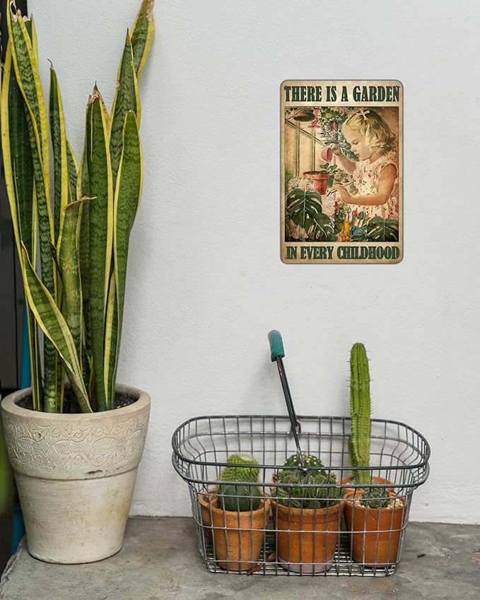 Vintage Garden Sign, There Is A Garden In Every Childhood Metal Signs, Retro Backyard Fence Poster, Vintage Yard Gardening Decor Outdoor, Gardening Gift for Woman, Grandma 8 * 12"