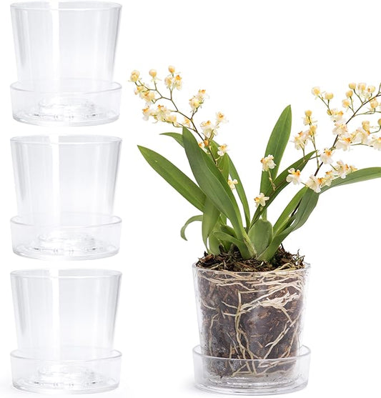 Phoenix Vine 3.5 Inch Clear Acrylic Planter Pot with Tray, Orchid Pot with Drainage Holes, Deep Saucer for Bottom Watering, Transparent Containers for Indoor Plants, Herbs, Set of 4, 91-A-D-4