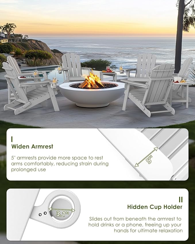 GREENVINES Folding-Adirondack-Chairs-Set-of-2 | HDPE Plastic | Fire Pit Chair | All Weather | Cup Holder | White | for Deck Backyard Patio Outdoor Garden