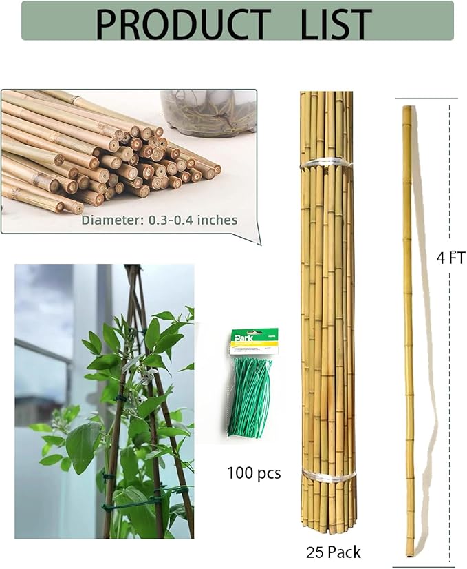4 Ft Bamboo Stakes with 100 Twist Ties Natural Bamboo Garden Stakes for Tomatoes Cucumber Grapes Pole Beans Trees Potted Dahlia Flowers and Climbing Plants - Pack of 25