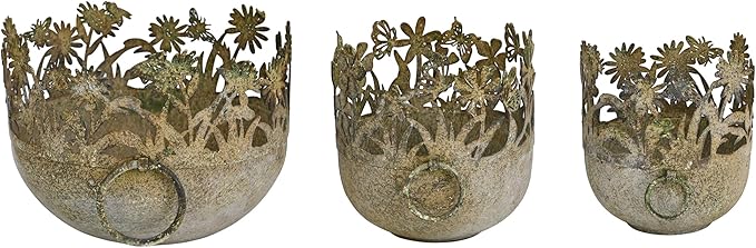 3 Piece Vintage Metal Pots Set,Rustic Distressed Garden Planter Plant Buckets with Handles Farmhouse Floral Containers for Indoor Outdoor Home Gardening Tabletop Centerpieces Wedding Decor Green