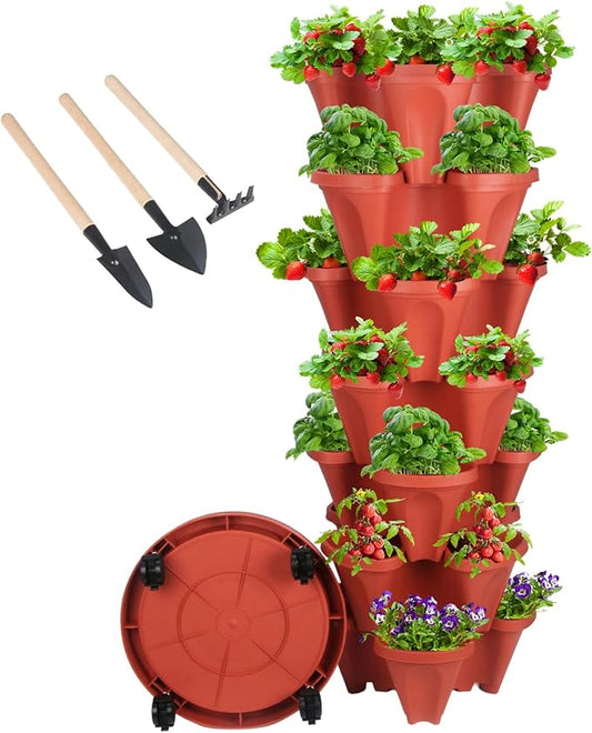 GameXcel Vertical Planter 7 Tier Stackable Planters Garden Planters Strawberry Herb Flower and Vegetable Planter Indoor Outdoor Gardening Pots with Removable Wheels and Tools