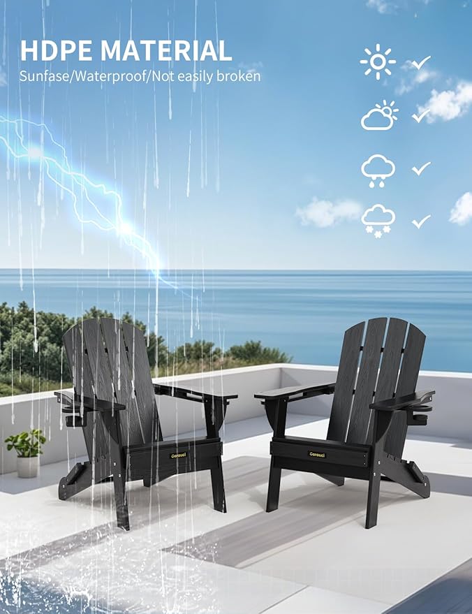 Folding Adirondack Chair Set of 4, Wooden Textured Plastic Adirondack Chairs with 2 Cup Holder, Weather Resistant HDPE Fire Pit Chair, Outdoor Patio Chairs for Garden, Backyard, Lawn, Deck, Black