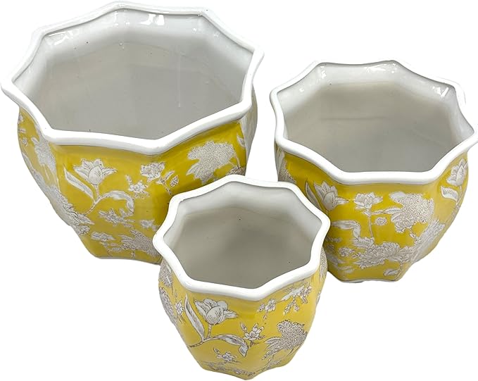 Galt International Yellow & White Round Fluted Floral Porcelain Ceramic Plant Flower Planter Pot Set of 3 (7.5", 10", 13") Garden Pots Chinese Asian Design