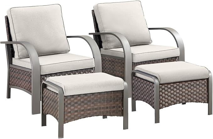 HUMMUH Outdoor Wicker Chairs Set of 2-All Weather Rattan Wicker Patio Chairs with Ottoman Small Outdoor Furniture Set for Deck Porch Garden Poolside Backyard-Brown/Beige