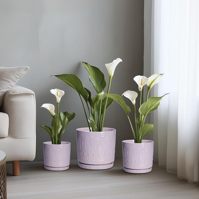 Ceramic Plant Pots, 12 Inch Pots for Plants Indoor Outdoor, Round Planter with Drainage Hole and Tray, Modern Decorative Flower Pot, Home Apartment Decor, House Warming Gifts, Purple