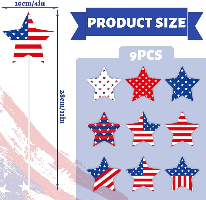 JarThenaAMCS 9Pcs Patriotic Star Metal Planter Stakes 4th of July Decorative Garden Stakes Star and Stripes Yard Sign for Planter Pot Walkway Lawn Independence Decor