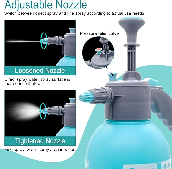 0.5 Gallon Handheld Pump Sprayer, 2L Garden Pressure Sprayer, 68oz Water Spray Bottle with Safety Valve, Adjustable Nozzle, for Watering,Plant Spraying, Home Cleaning, Fertilizing (Sky Blue)