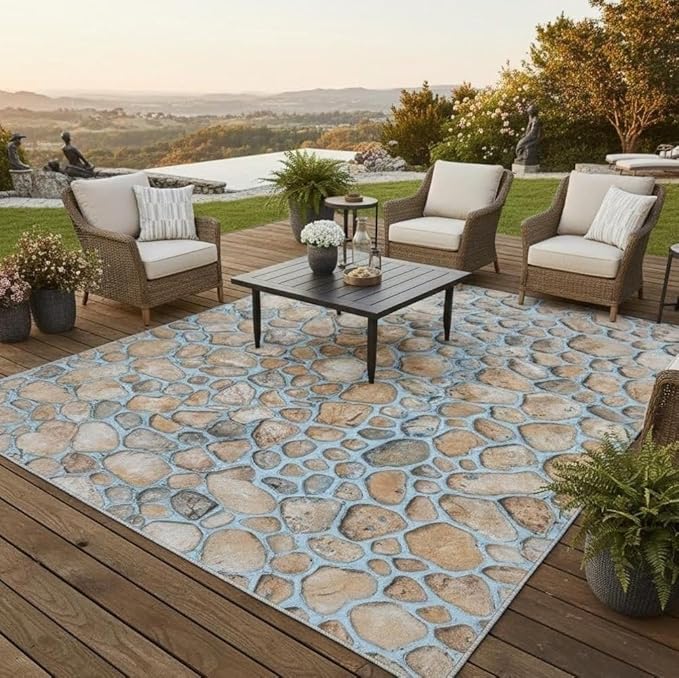 Blue Beige Brown Pebbles Modern Farmhouse Outdoor Rugs 5x8 Natural Non Shedding Waterproof Thin Cozy Beach House Carpets for Patios Poolside Balcony Backyard Deck Porch Low Pile Floor Mats