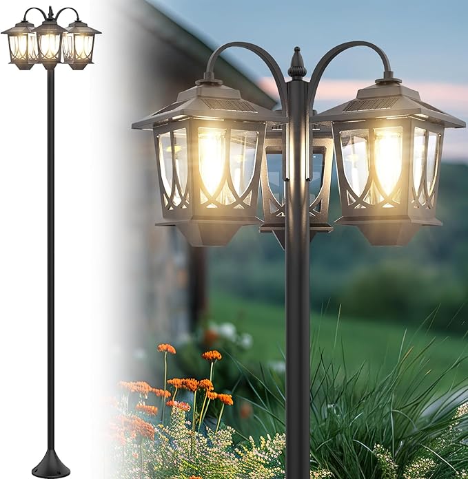 73" Aluminum Solar Lamp Post Light, 3-Head Pole Lights 90LM Waterproof - Auto Dusk to Warm White Dawn Floor Lamp for Outdoor Garden Pathway Replaceable Bulb