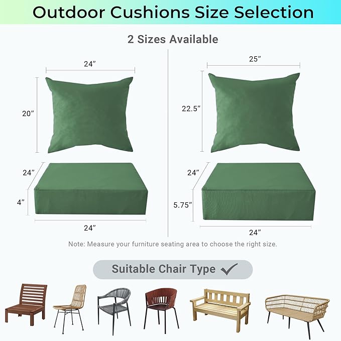 Outdoor Cushions for Patio Furniture,Outdoor Seat Cushion Set 24 x 24 x 4 Inch,Waterproof & Fade Resistant Outdoor Chair Cushions,Deep Patio Chair Cushion with Removable Cover,ForestGreen