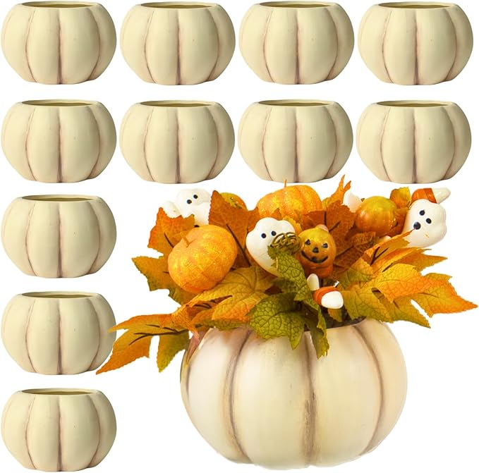 Holiday Designs - 5.5 Inch Pumpkin Planter Pots, Set of 12 Matte Ceramic Pumpkin Pottery for Fall Flowers, Succulents, Halloween & Thanksgiving Decor (Ivory, 5.5" D)