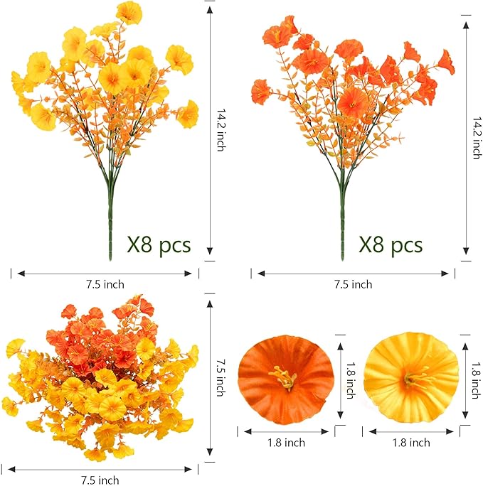 16 Bundles Fall Mums Artificial Flowers for Outdoor Decoration,Realistic Fake Plants Orange Red Petunias, UV Resistant Faux Yellow Silk Flowers for Vase Planter Front door Porch Garden (Autumn)
