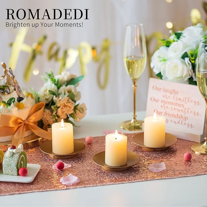 Romadedi Iron Candle Holder Plate, Gold Candle Holders for Pillar, Set of 12 Small Metal Candle Tray for Coffee Table Decor, Wedding, Party, Home Decor