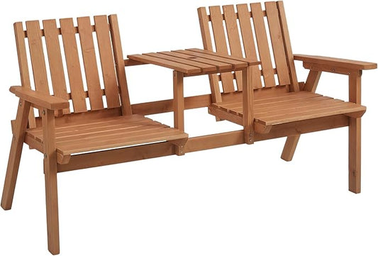 Outsunny Patio Bench, Garden Bench with Middle Table and Umbrella Hole, Wooden Outdoor Bench for Patio, Porch, Poolside, Balcony, Orange