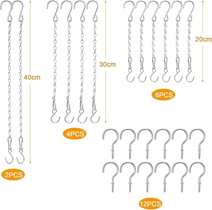 Hotop 12 Set Ceiling Hooks with Hanging Chains for Bird Feeders, Planters, Lanterns, Billboards,Birdbaths, Grow Lights, Chalkboards, Wind Chime and and Other Ornaments, Chain Hook DIY (Silver)