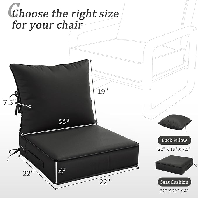 Outdoor Patio Chair Cushions Set 22 L X 22 W X 4 H Waterproof & Fade Resistant Deep Seat and Back Cushions with Removable Covers Outdoor Seat Cushion Set for Chairs and Sofas