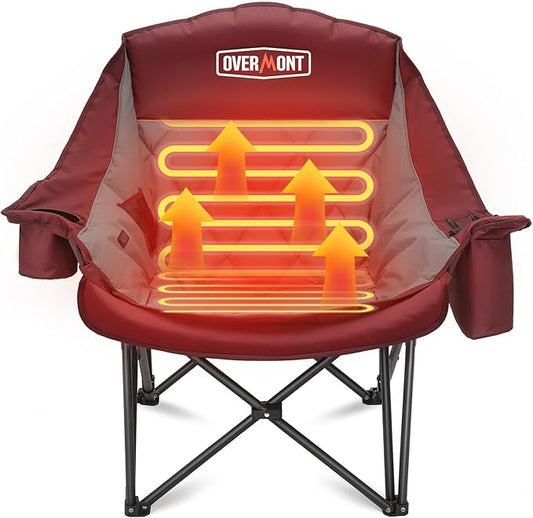 Overmont Heated Oversized Camping Chair for Adults - 3 Heat Levels Seat & Back Separately Control - 400lbs Support Heavy Duty Padded Folding Chair Outdoor Garden Portable - Battery NOT Included