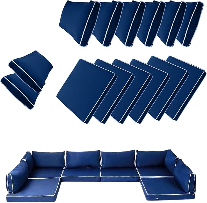 14 Piece Outdoor Patio Cushion Cover Replacement, Waterproof Patio Cushion Covers, Outdoor Furniture Cushion Covers Set for 6 Seat Wicker Rattan Sofa (Blue+White Side)