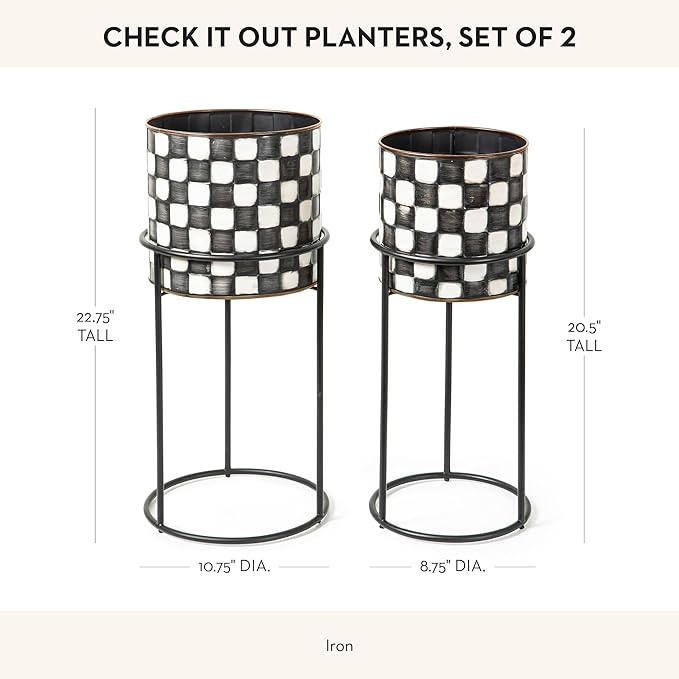 MACKENZIE-CHILDS Set of 2 Check It Out Metal Planters, Black-and-White Garden Planter