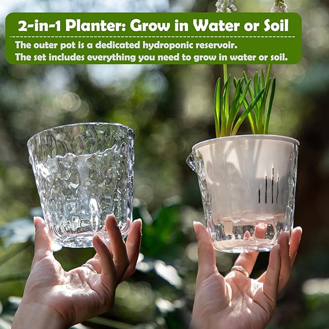3-Pack Self Watering Plant Pots, 5 Inch Clear Flower Pots with Drainage Holes, Tray and Rope, Plastic Self Watering Planters for Indoor Outdoor Garden Plants, African Violet, Herbs