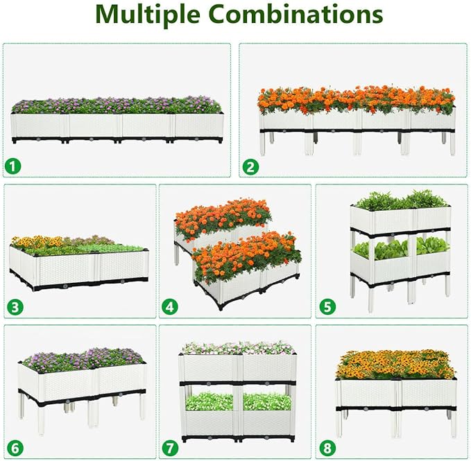Giantex Raised Garden Bed, Set of 4 Planter Raised Beds Kits with Drain Holes for Fruit Flowers Vegetables, Outdoor Elevated Planting Box for Lawn Patio Balcony, Easy Assembly, Rattan-Like Look, White