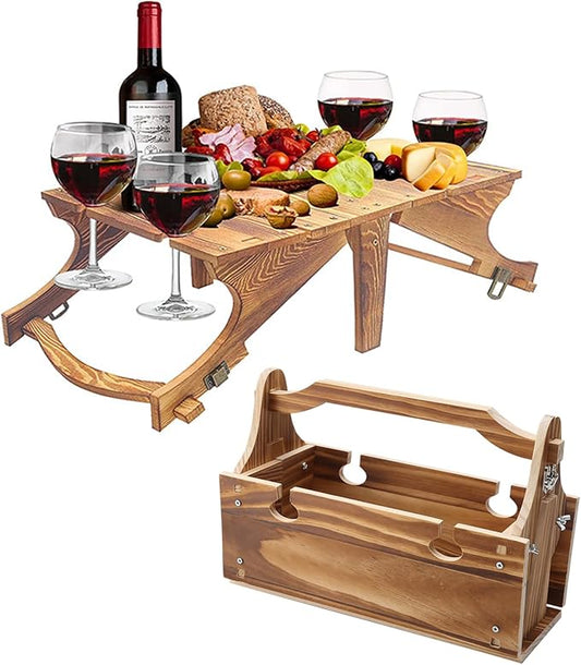 Yuehuam 2 in 1 Folding Wooden Picnic Basket Table, Wooden Outdoor Folding Picnic Table with 4 Glass Holder for Romantic Camping Park, Party, Garden Concerts