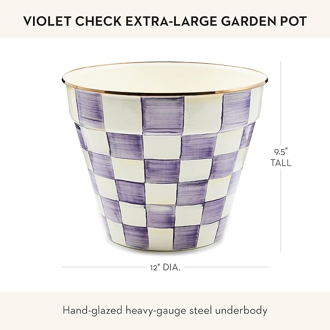 MACKENZIE-CHILDS Enamel Garden Pot, Decorative Pot for Plants, Outdoor Flowerpot Decor, Extra Large, Purple-and-White Violet Check