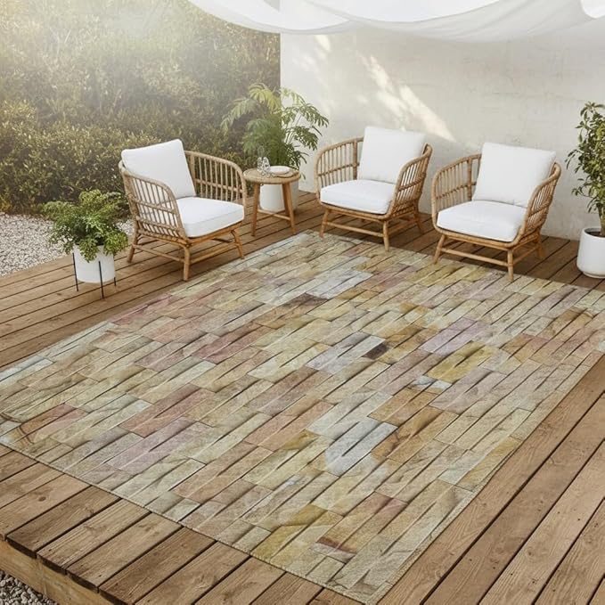 Brown Yellow Stone Brick Print Waterproof 6x8 Outdoor Rugs for Garden Patios Balcony Deck Camping Pool Washable Low Pile Foldable Large Carpets Rustic Farmhouse Yard Anti Slip Outside Carpet Mat