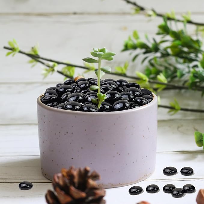 1lb Black Glass Marbles for Vase, 100 pcs Black Flat Glass Beads, Decorative Pebbles for Vase Fillers, Fish Tank, Plants, Flower Pots, Fountains, Crafts, Aquarium Rocks and Home Decor