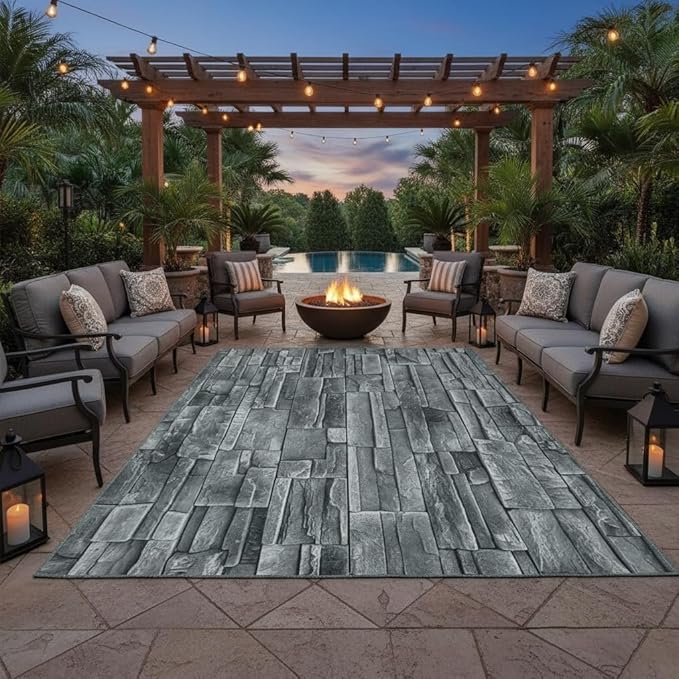 Dark Gray Old Rock Stone Texture Outdoor Waterproof Area Rug for Patio Porch Deck Garden Farmhouse Camping Rustic Stone Wall Outside Rugs 7x10 Washable Large Carpet Balcony Front Yard Non Slip Mat